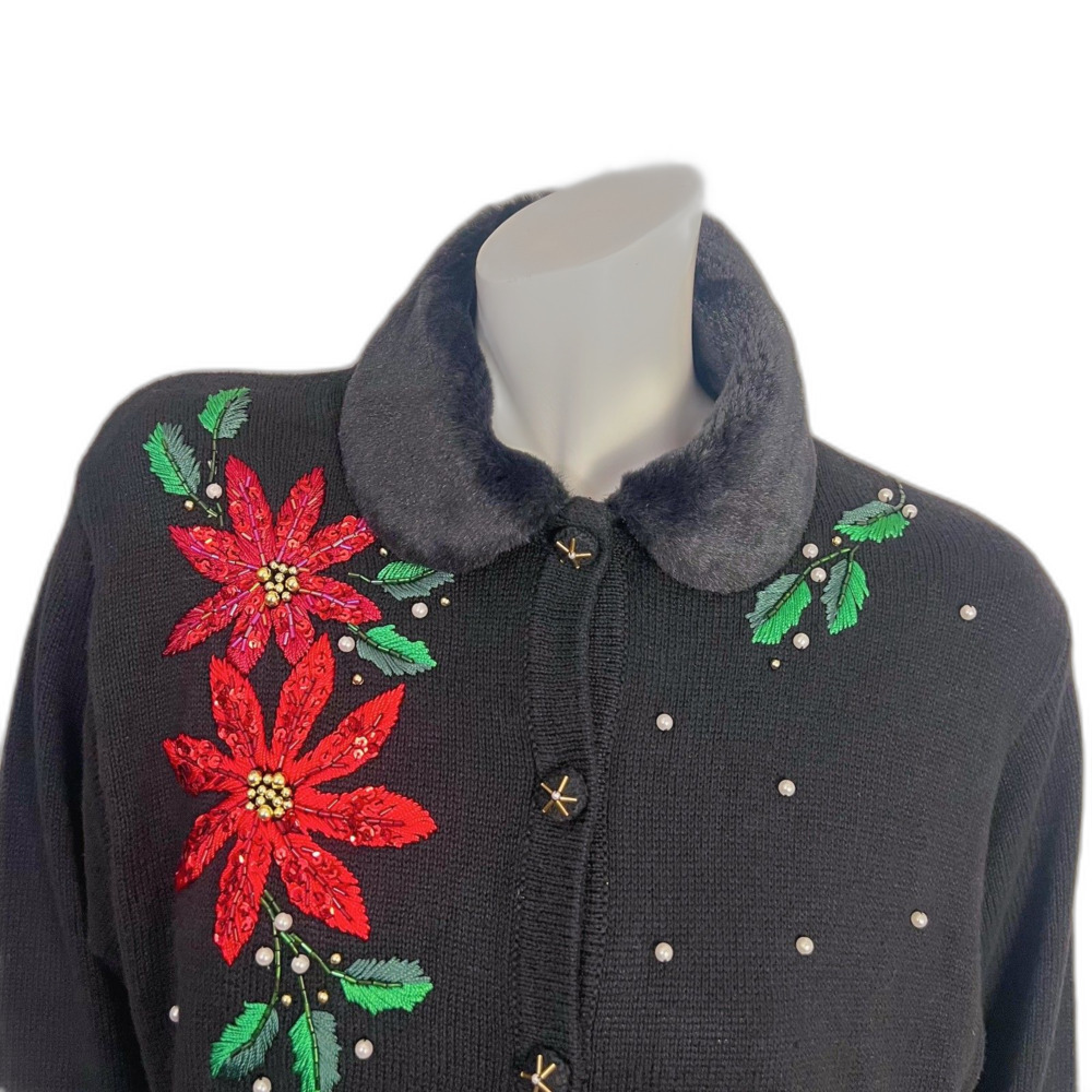 Vintage B.P. Design Poinsettia Embroidered Christmas Cardigan Sweater Size L - Picture 2 of 6